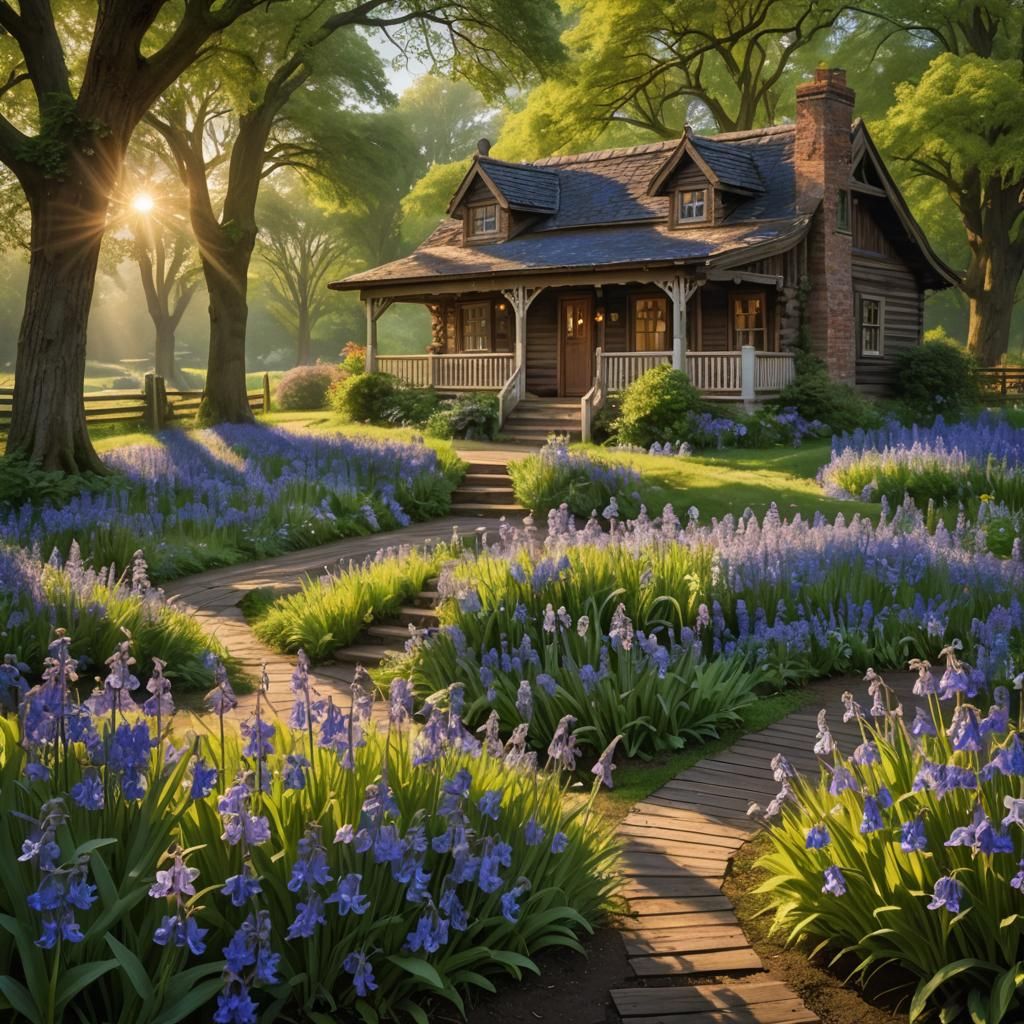 Country Home Among Bluebells in Impressionistic Style