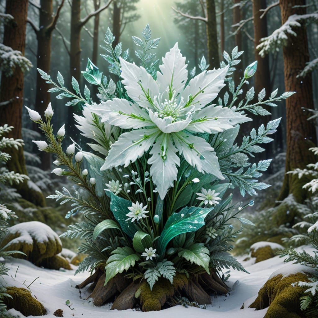 Surreal Floral Bouquet in a Frosty Scottish Forest Scene