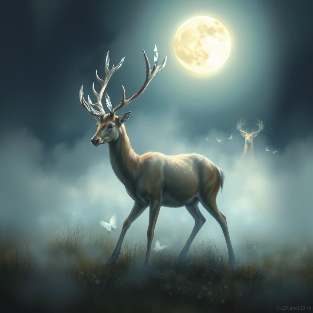 Ethereal Deer in Moonlit Mist: Fantasy Art