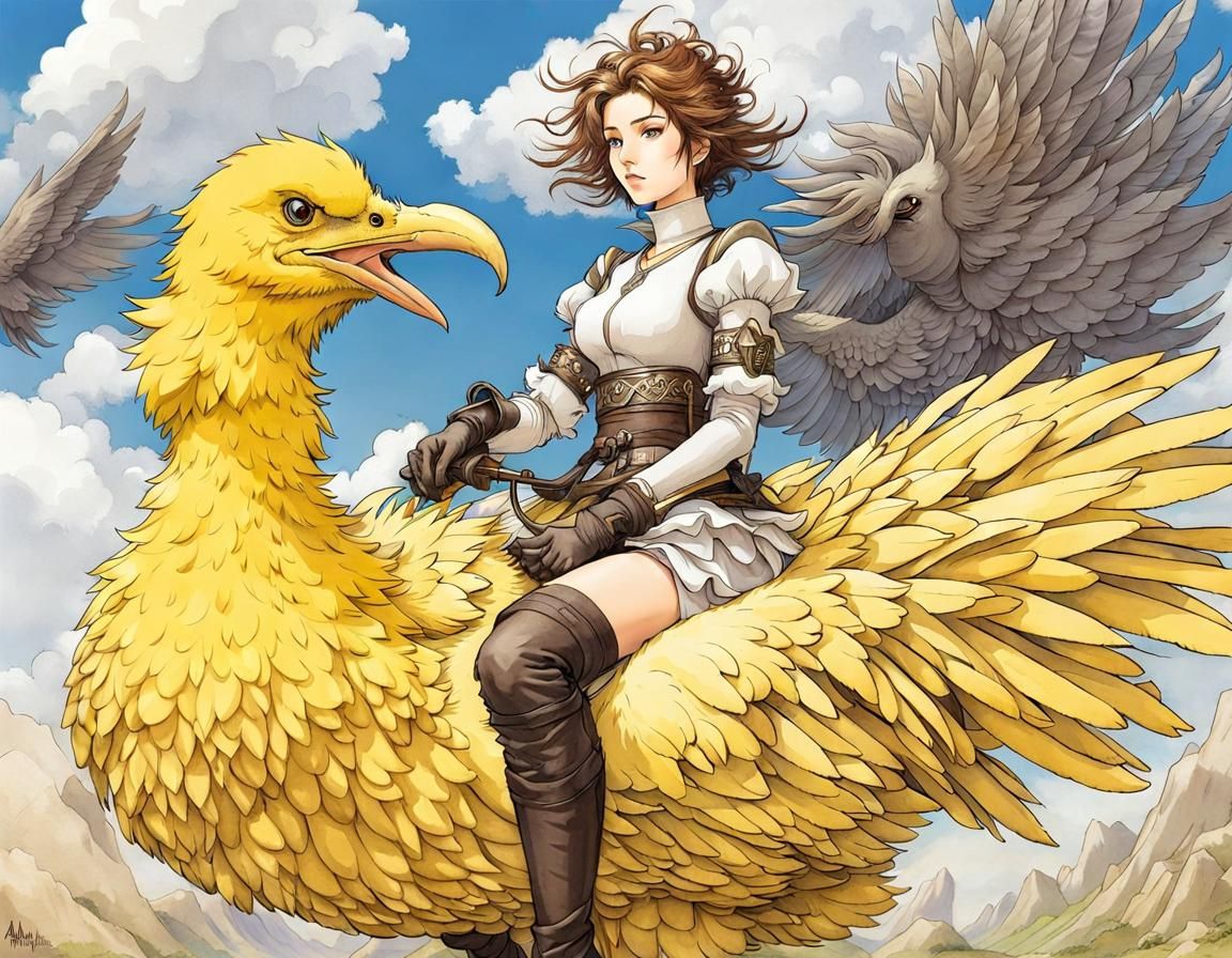 Knight Woman Rides a Chocobo in Anime Style
