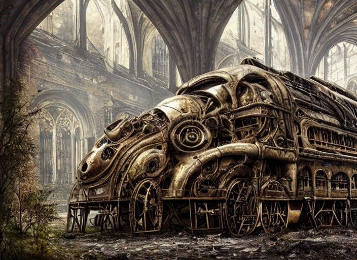 Steampunk Locomotive in Dinosaur Cathedral Ruins