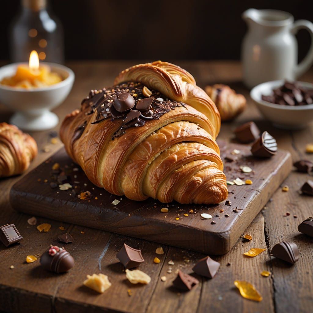 Whimsical Chocolate Croissant Art in Warm Golden Light