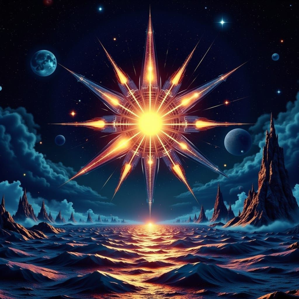 Cel-Shaded Lodestar in Starry Space and Reflecting Sea