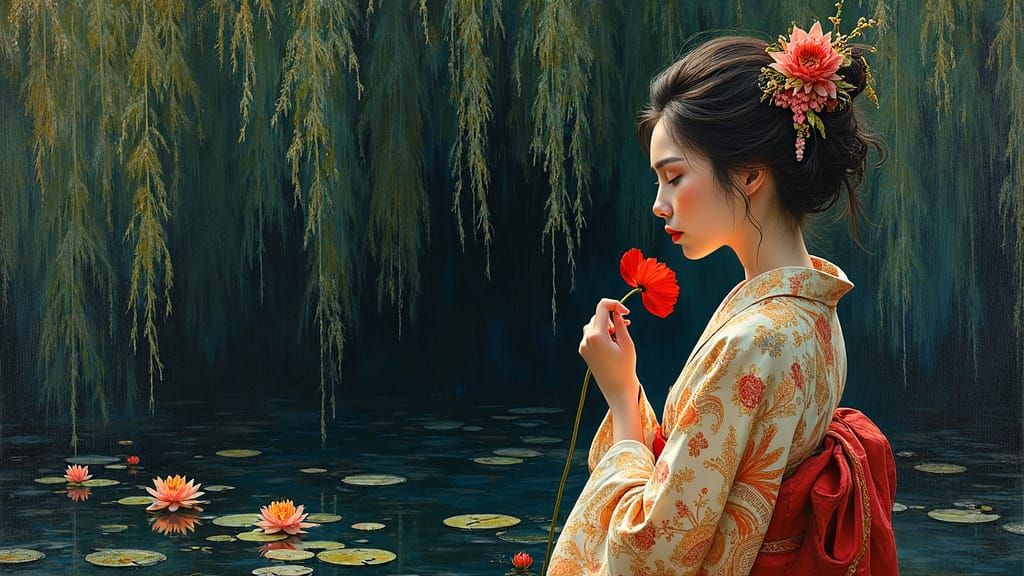 Sad Woman in Kimono with Poppy, Neo-Impressionist Style