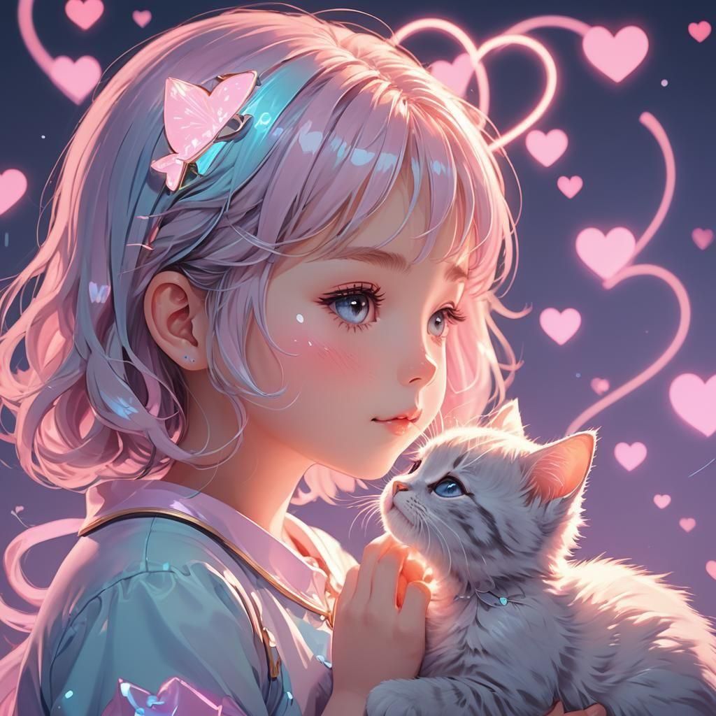 Anime Style: Kitten and Girl with Heart