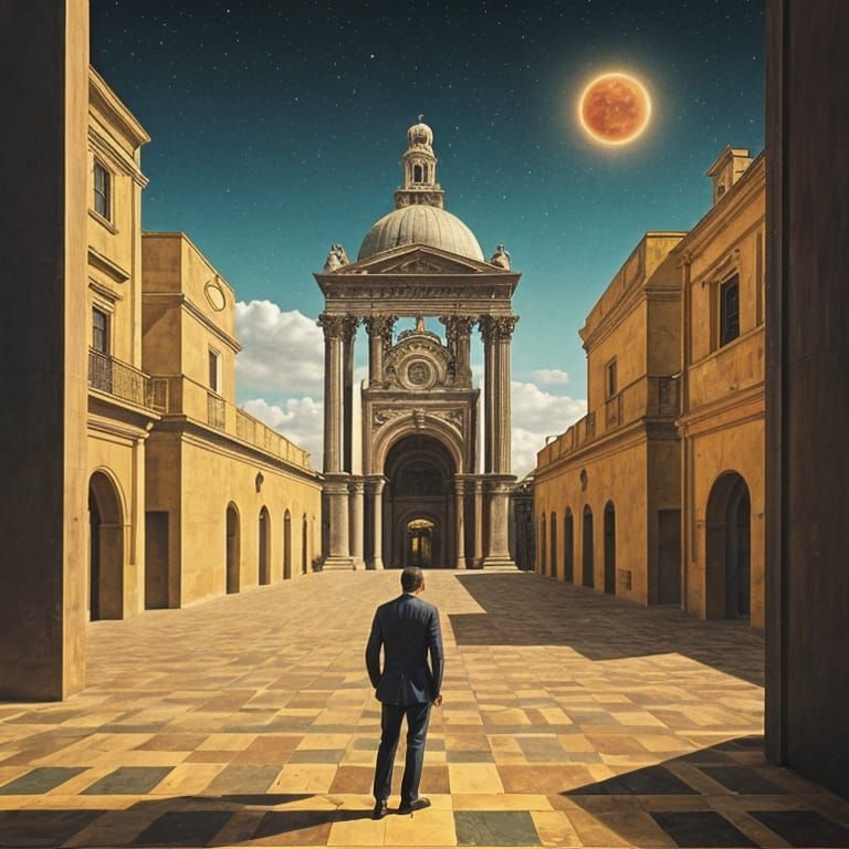 A psychedelic man in a Giorgio de Chirico paint.. psychedeli...