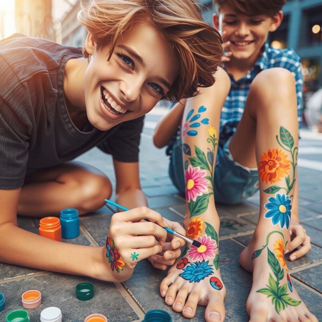 Bohemian Artist Surrounded by Vibrant Blooms in Dreamy, Impr...