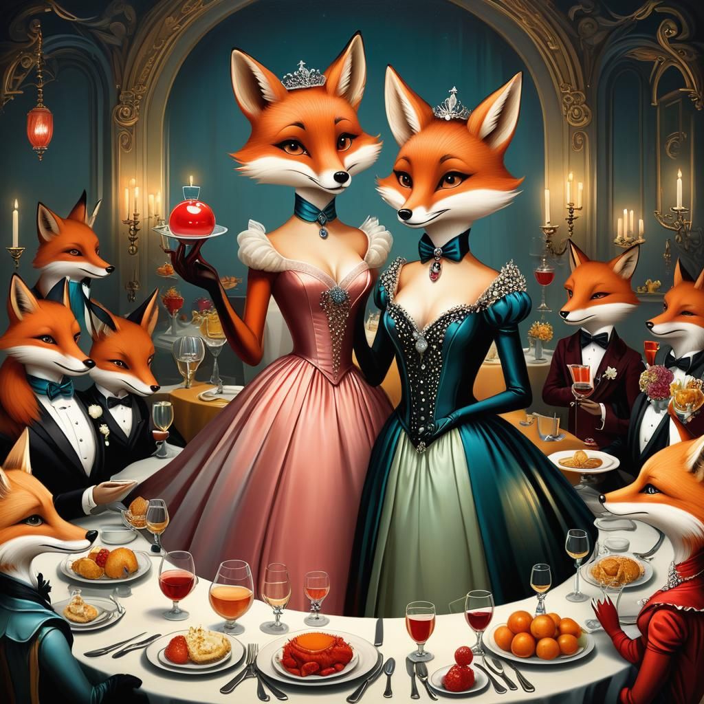 Fox in Gown at Dinner Party, Illustration