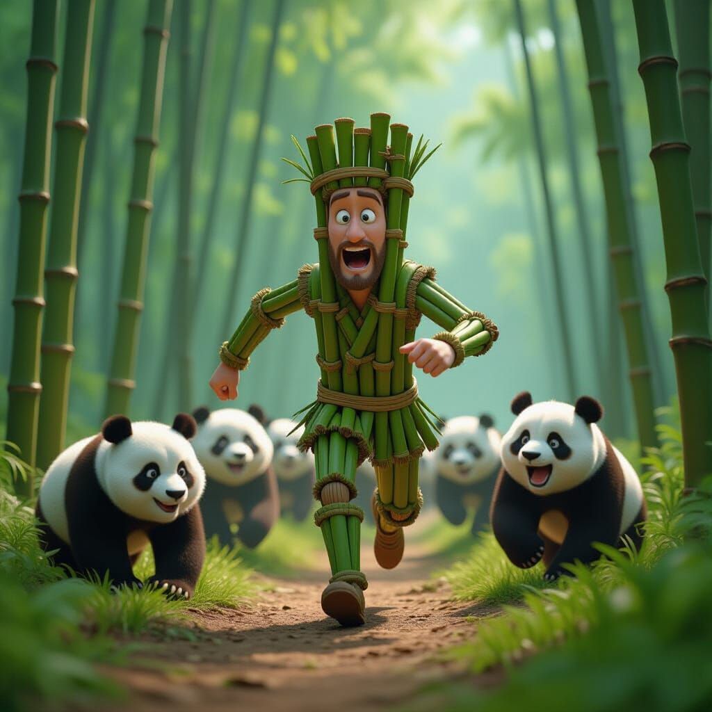 Bamboo Man Flees Pandas in Vibrant 3D Animation