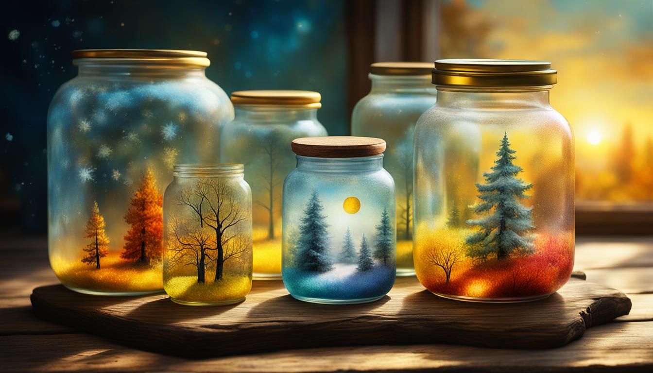 Seasons in Jars: A Surreal Oil Painting