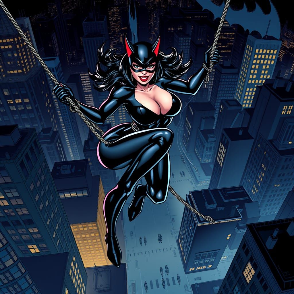 Catwoman Sways Above Gotham City in a Daring Comics-Style Il...