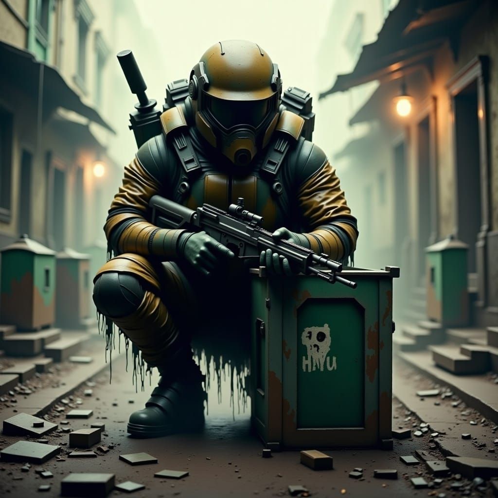 Gritty Sci-Fi Soldier in War-Torn City