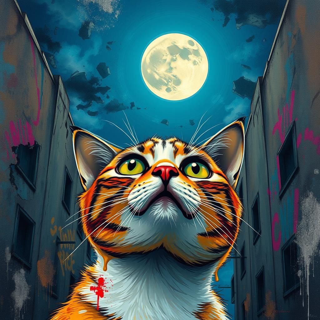 Cat Gazing at Moon in Urban Street Art Style