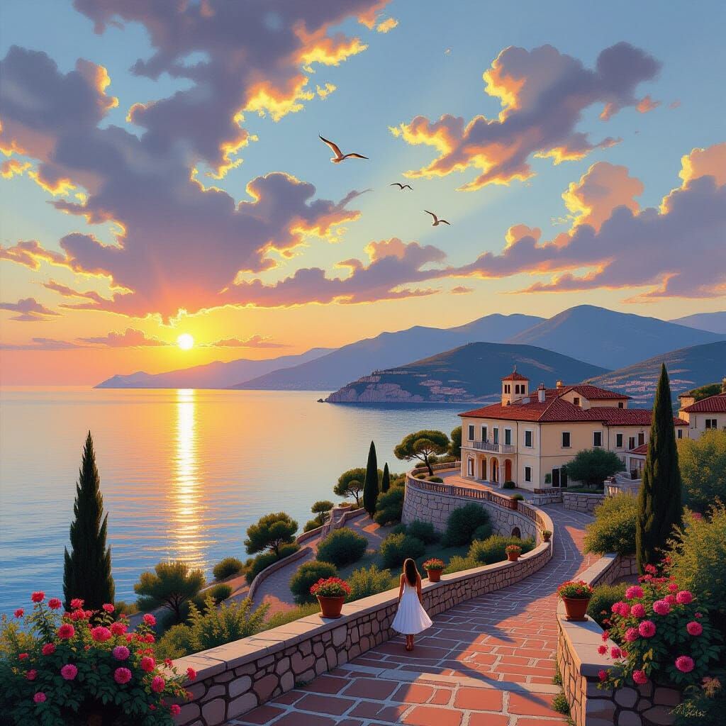 Italian Villa Coastal Summer Landscape at Sunset