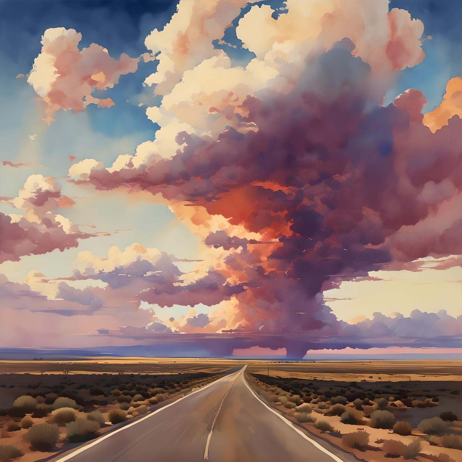 Desert Highway Lightning Storm, Watercolor Illustration