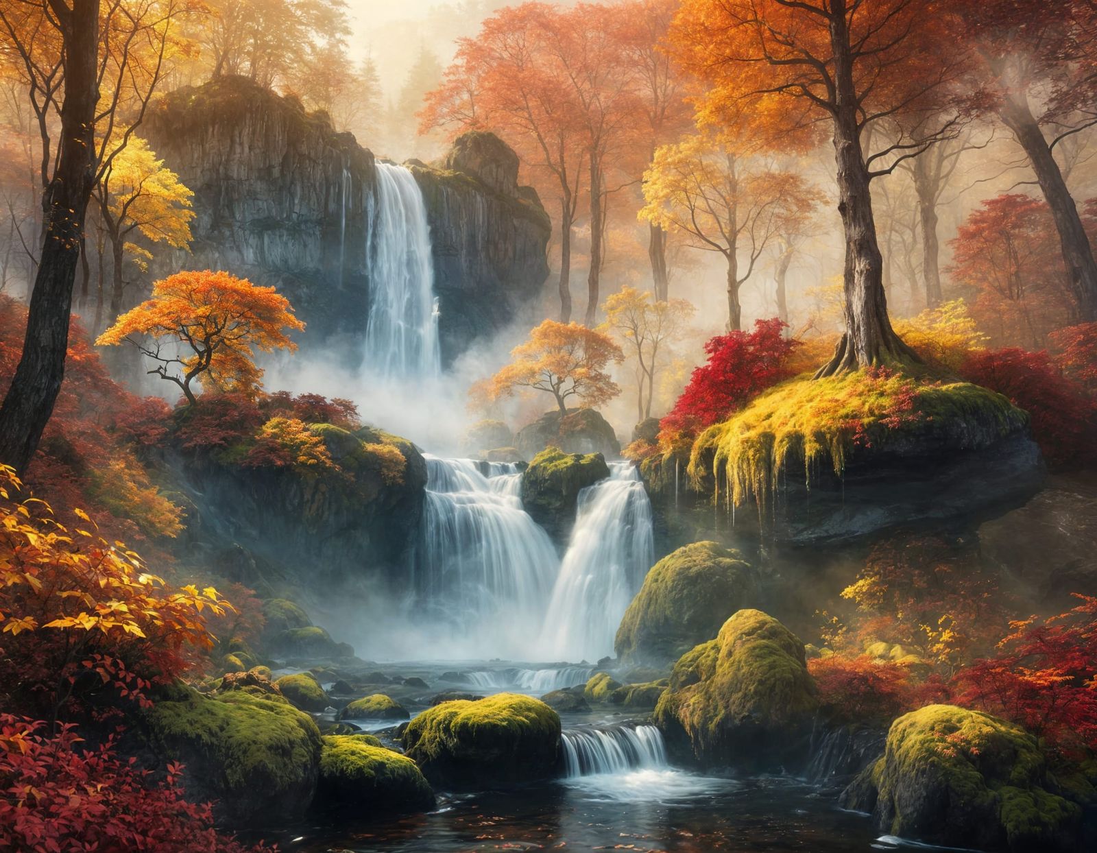 Majestic Autumn Waterfall in Ethereal Mist