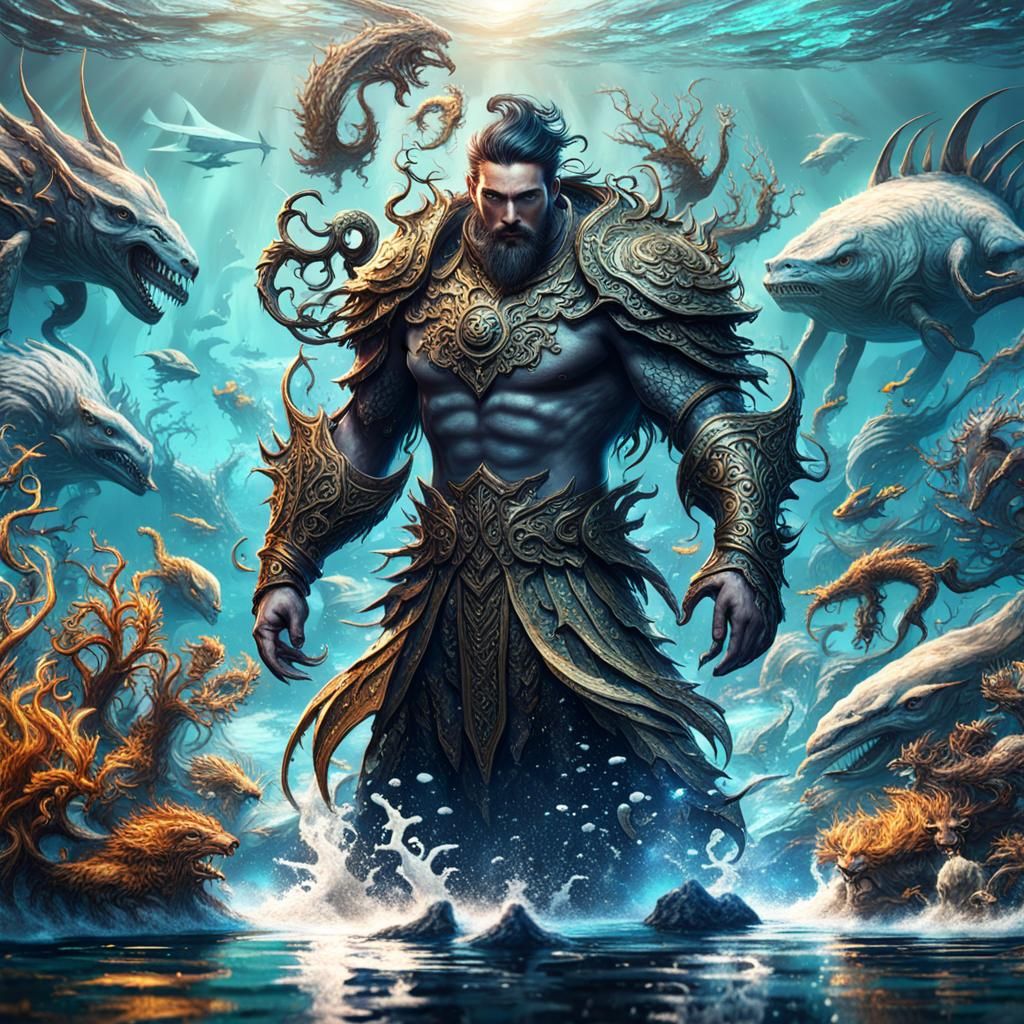 Fantasy Man with Sea Creatures: Detailed Matte Painting