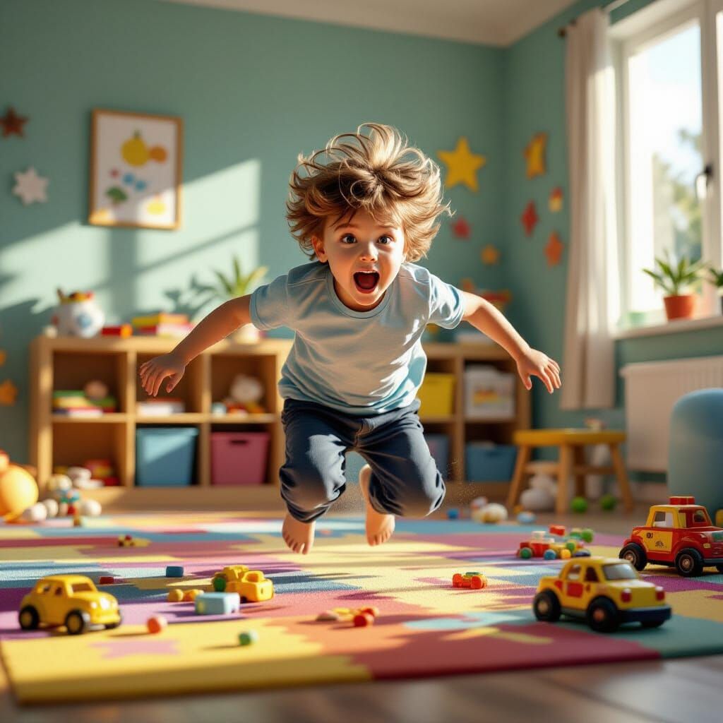 Hyperactive Child in Cluttered Playroom, Hyperrealistic Styl...