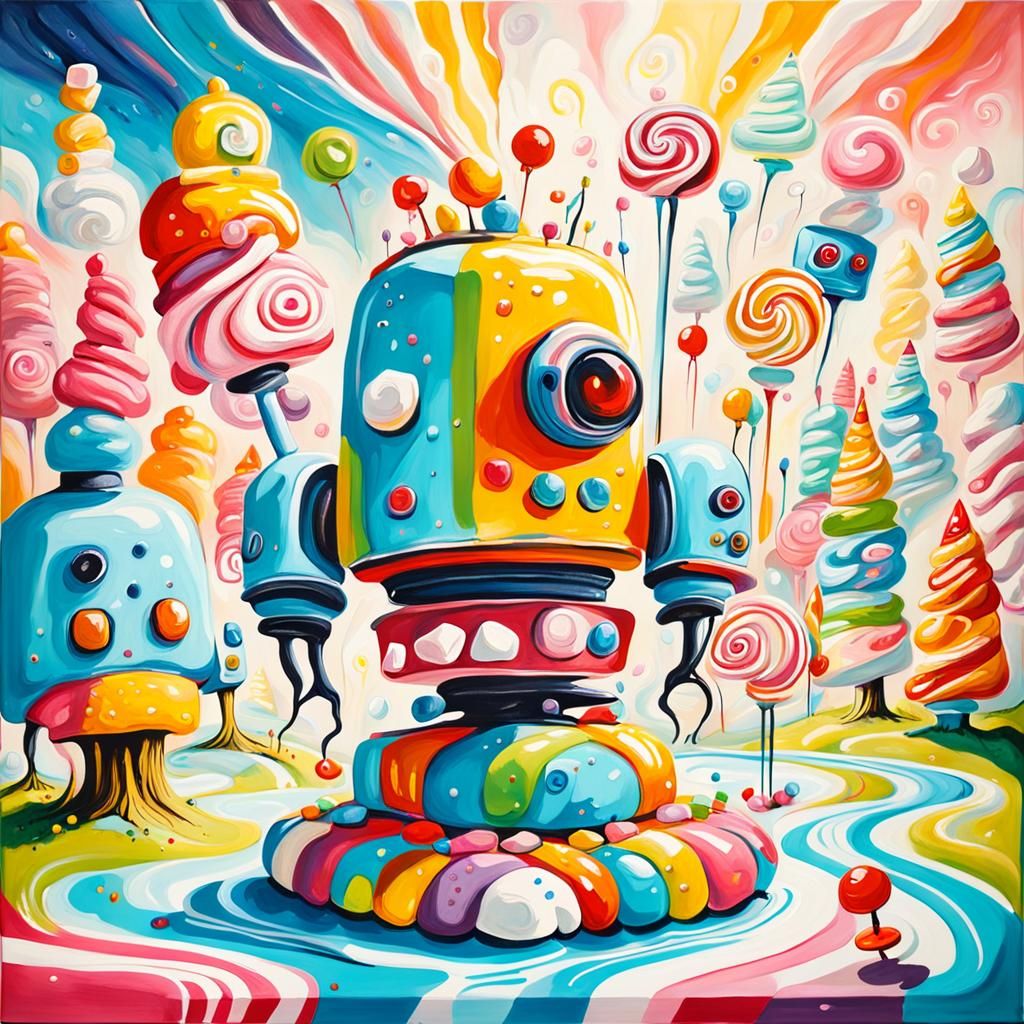 Marshmallow Robots in Candyland: Surreal Gouache Art