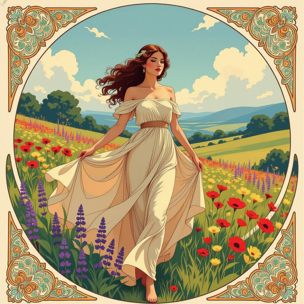 Woman in Floral Landscape, Art Nouveau Style