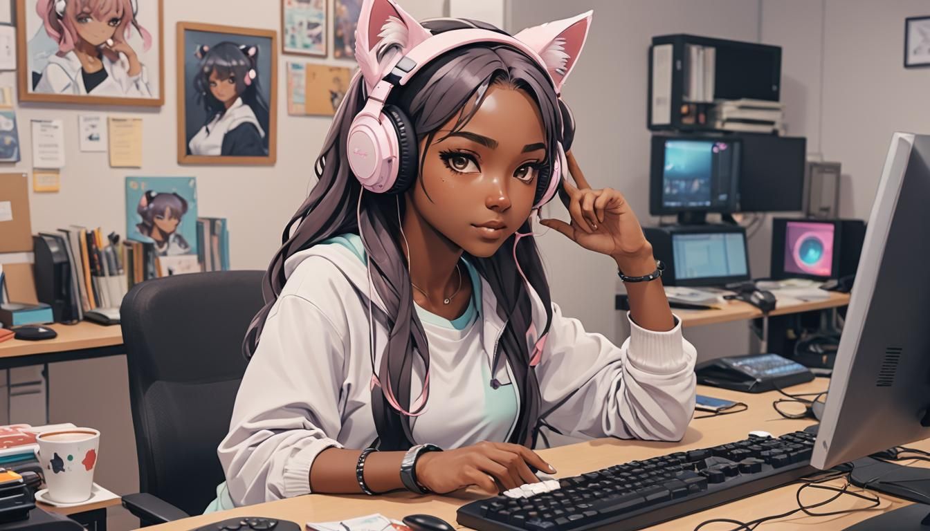 Gamer Girl in 90's Anime Style with Cat Ears
