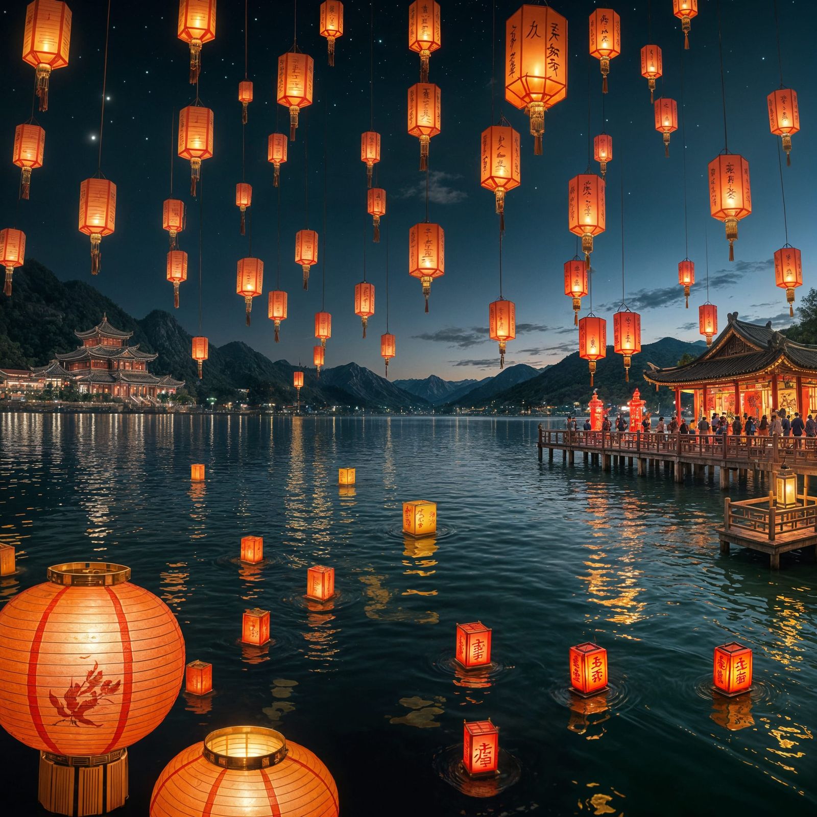 Lanterns Released Over Lake at Midnight