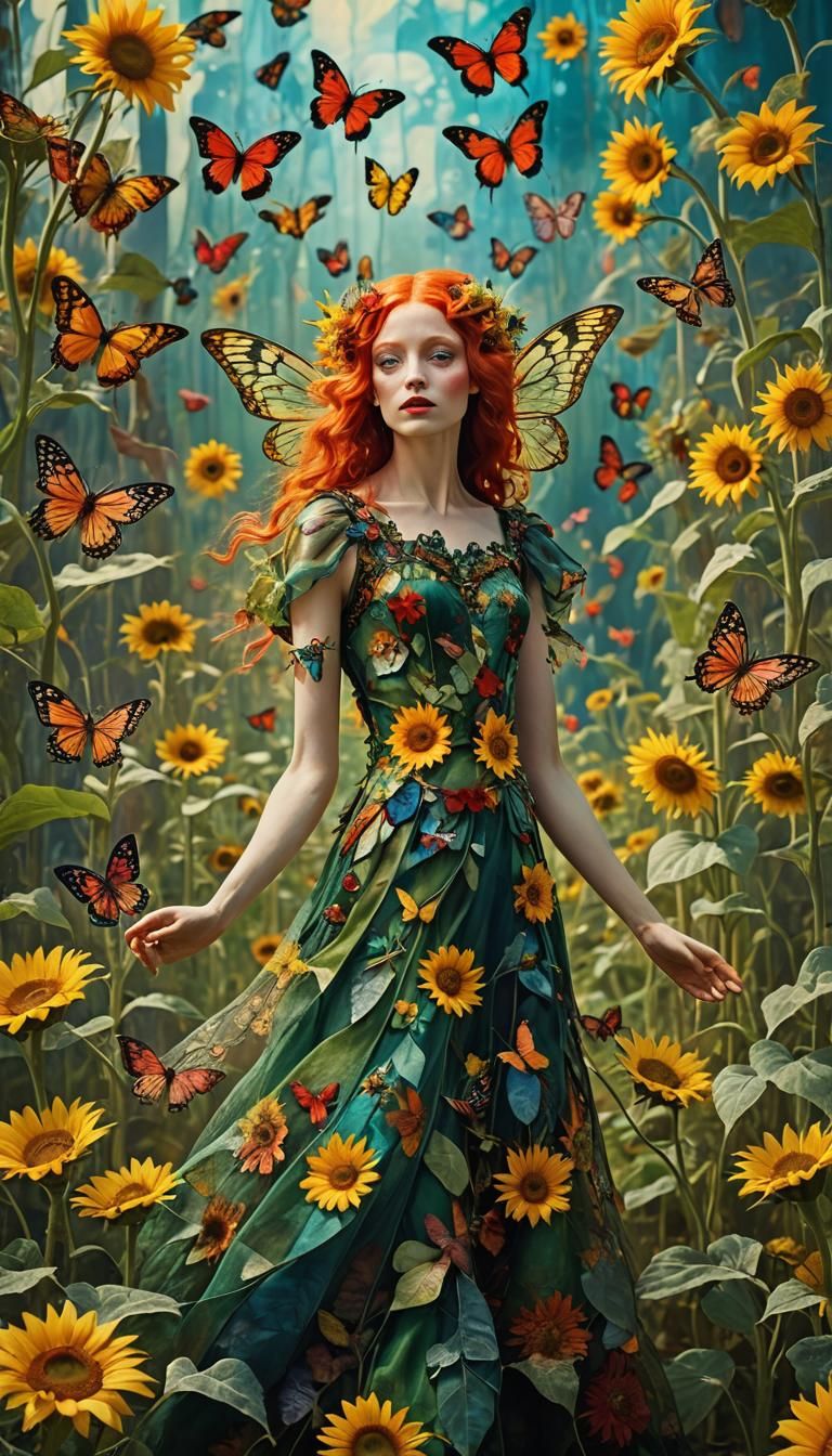 Winged Fairy in Surreal Sunflower Dreamscape