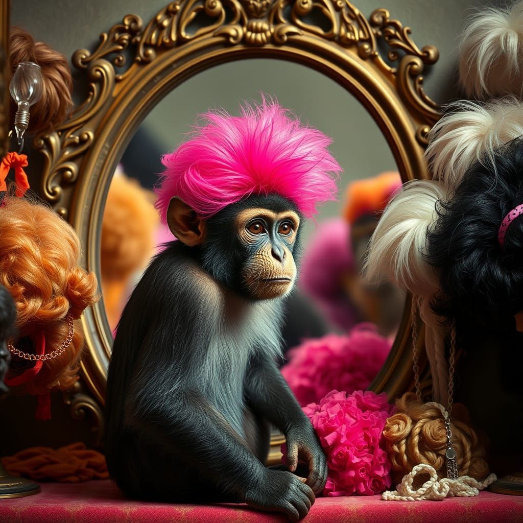 Monkey's Whimsical Wig Try-On in Vintage Parisian Style