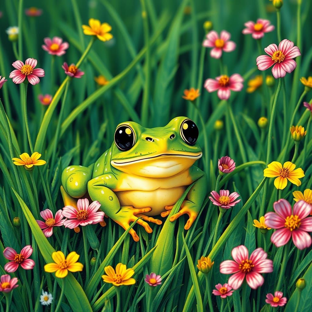 Green Frog in Vibrant Wildflowers, Art Nouveau Style