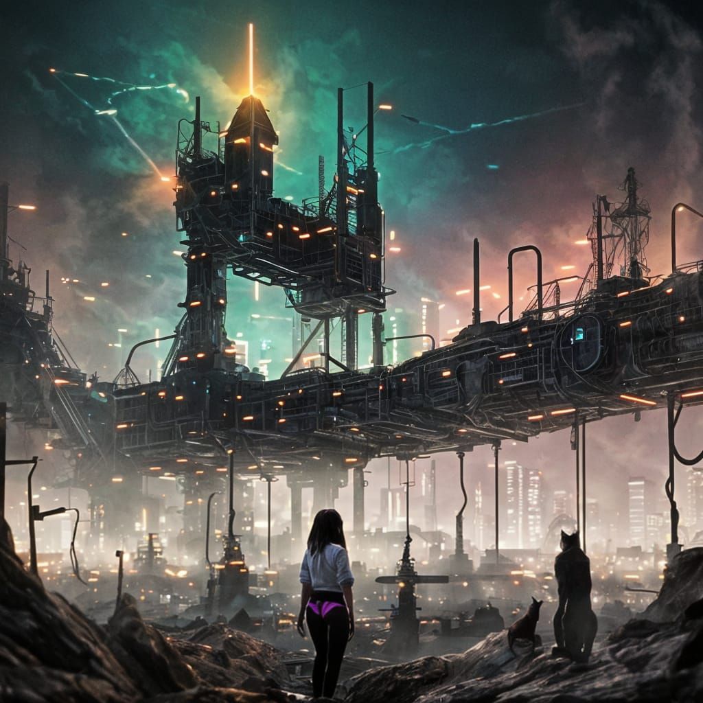 Woman with Cat in Synthwave Neon Style