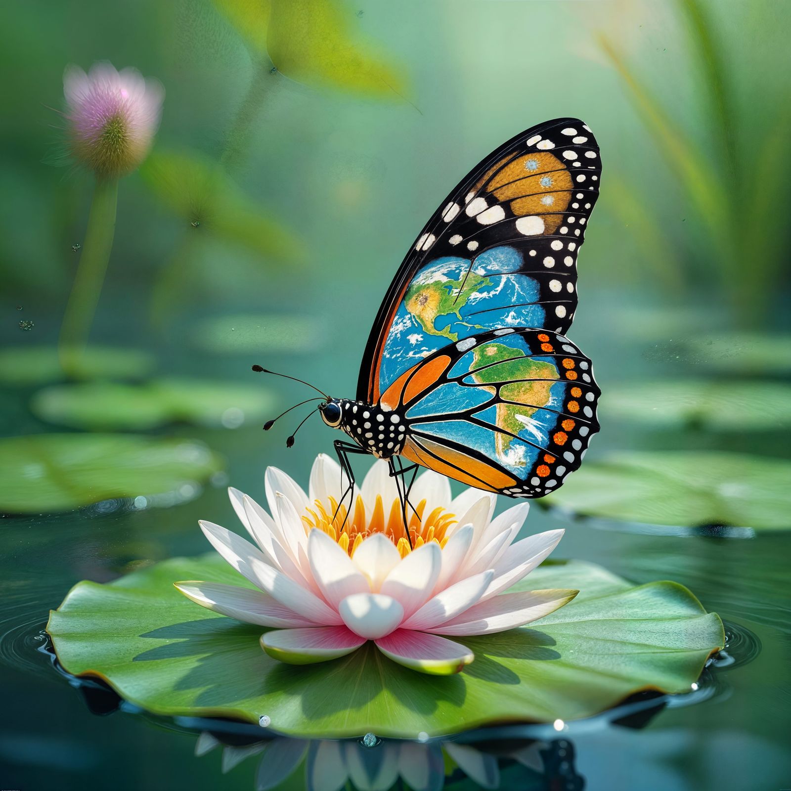 Butterfly with Earth Wing Pattern on Lilypad