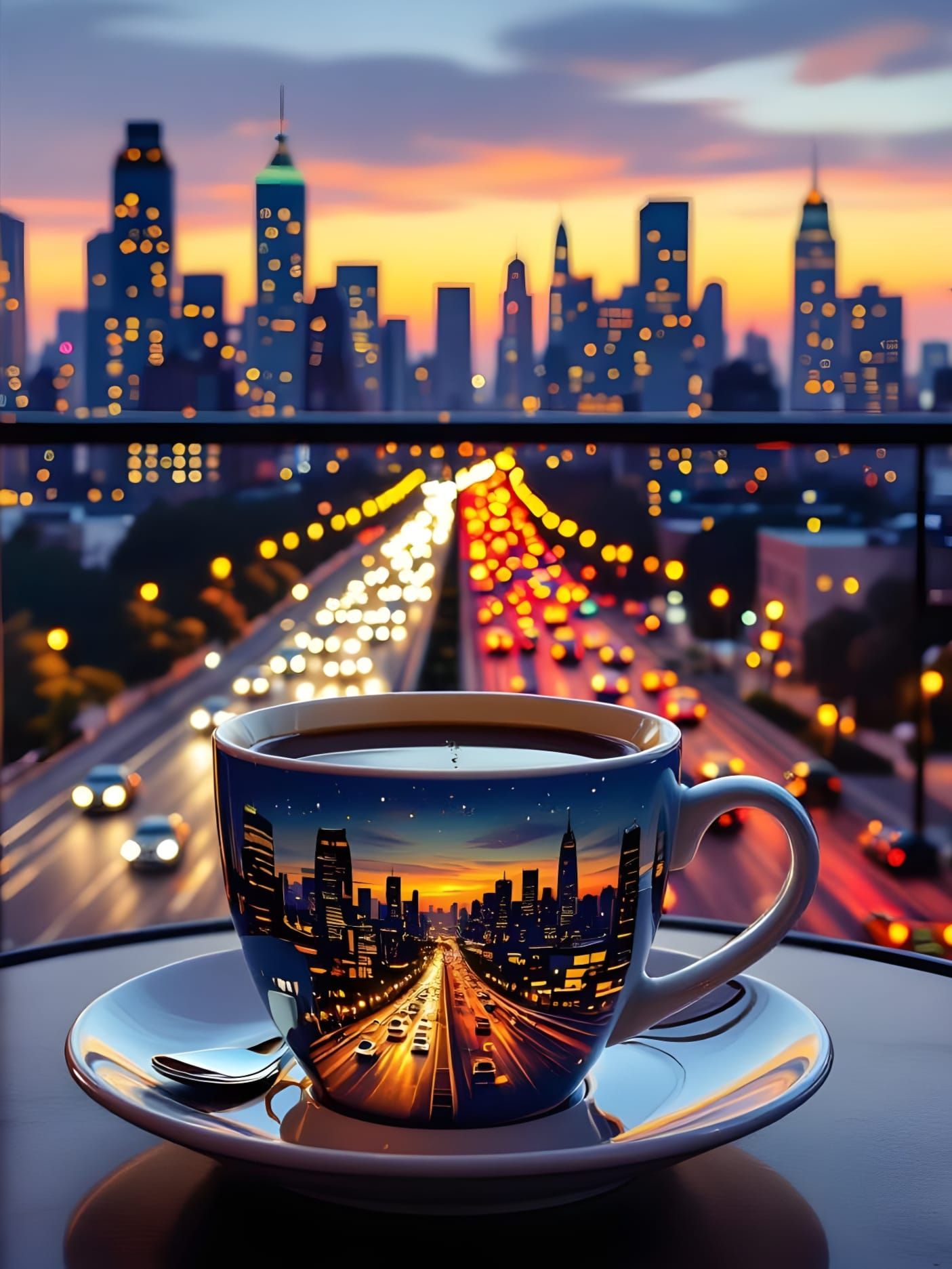 Coffee Cup with City Illustration on Cafe Terrace