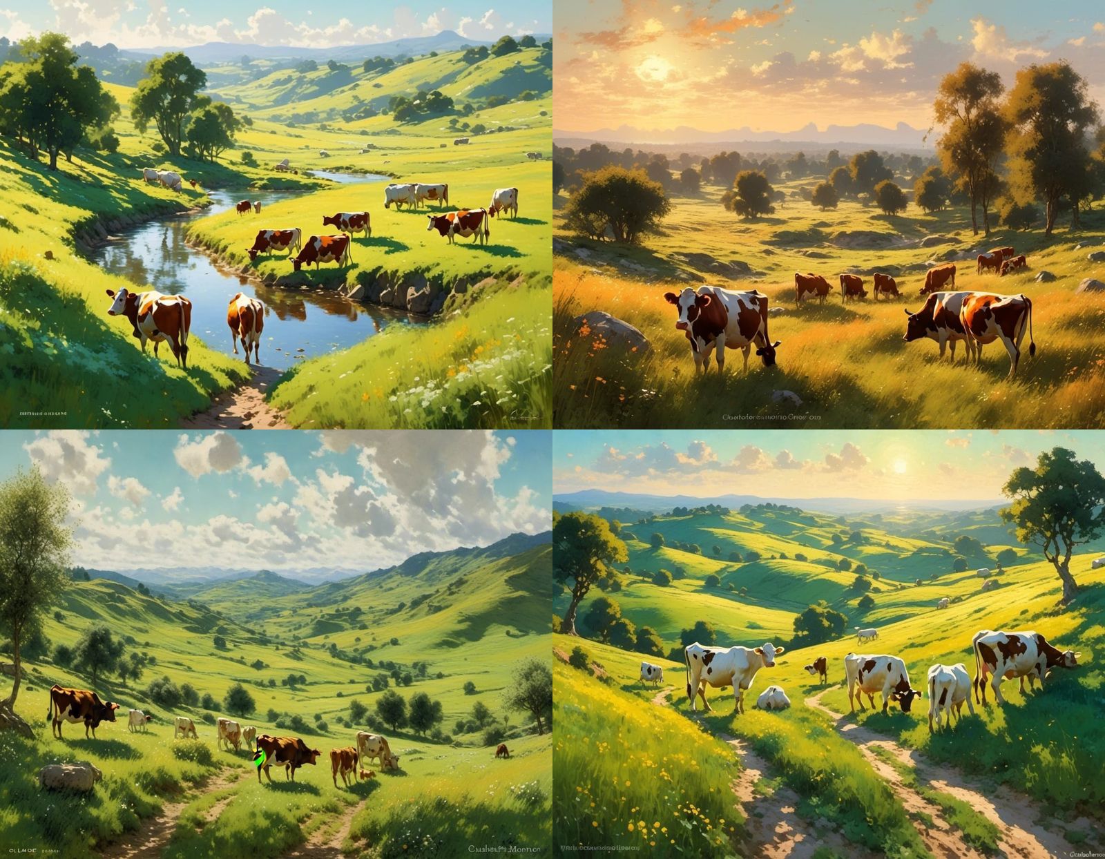 a widescreen view of a landscape with cows impressionism