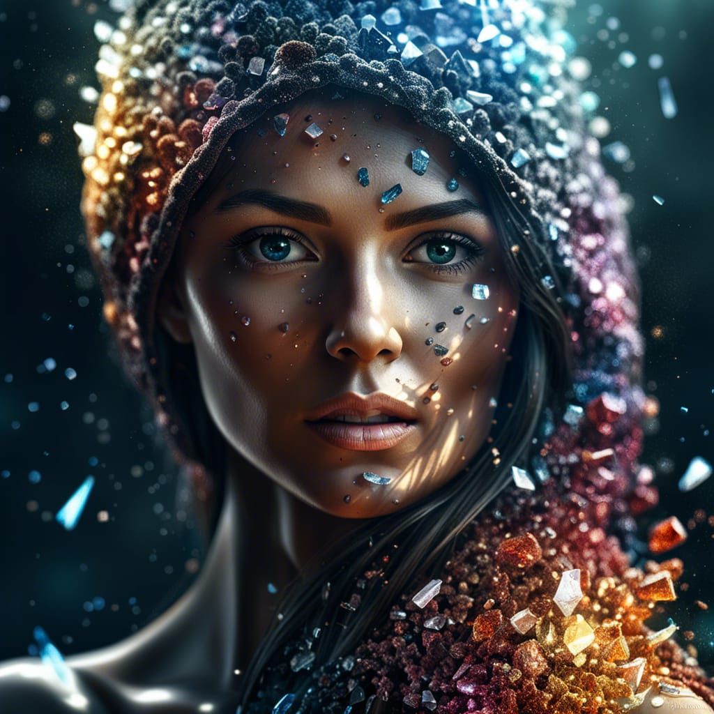 Crystalline Woman Disintegrating into Energy: Digital Art