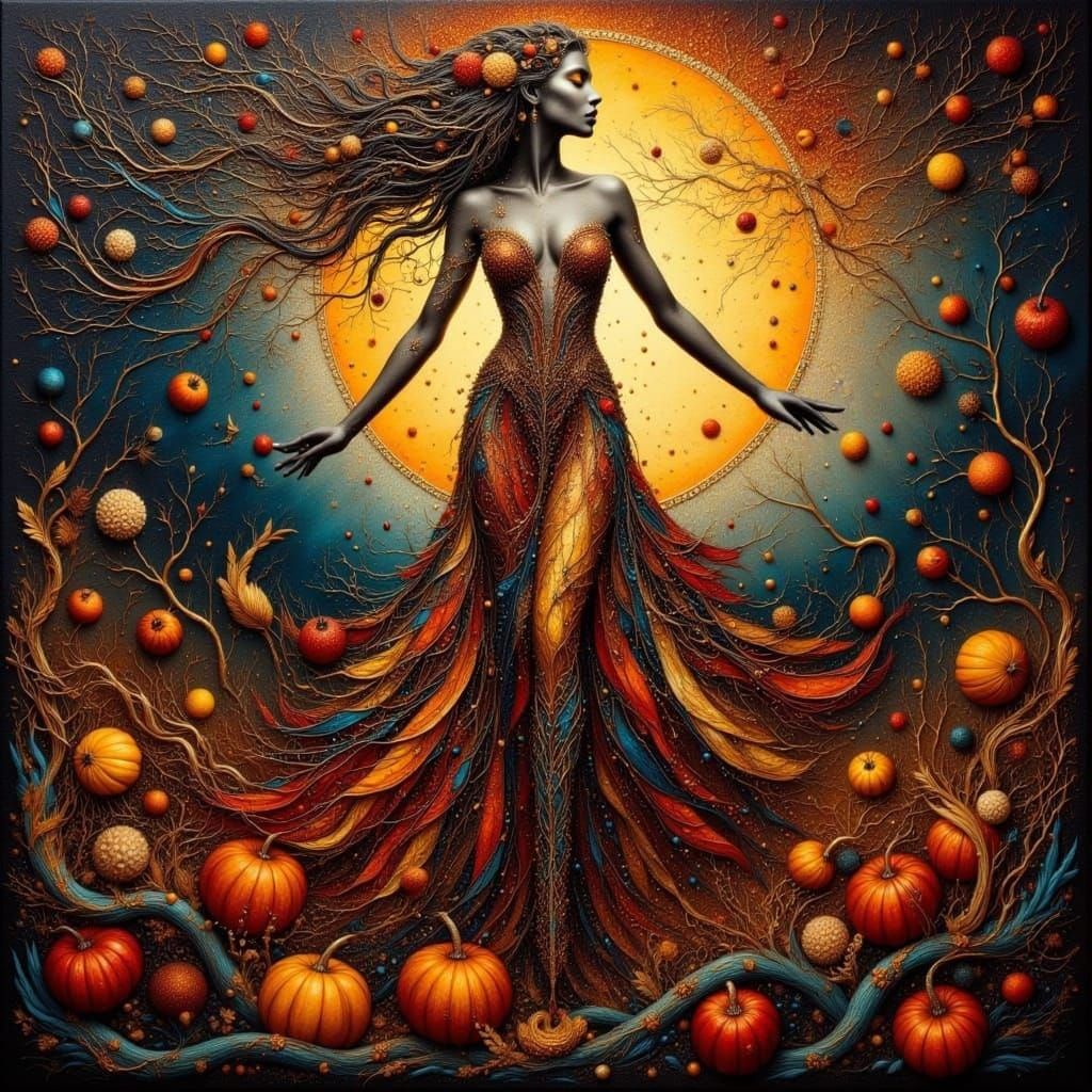 Goddess of Harvest Dancing in Fiery Autumn Palette