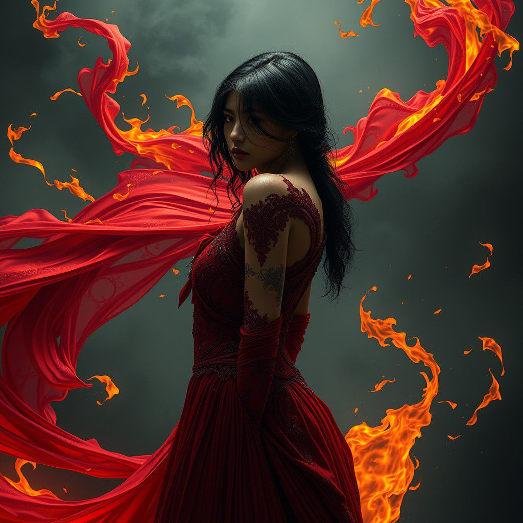 Fiery Woman in Red Gown: Art Nouveau Portrait