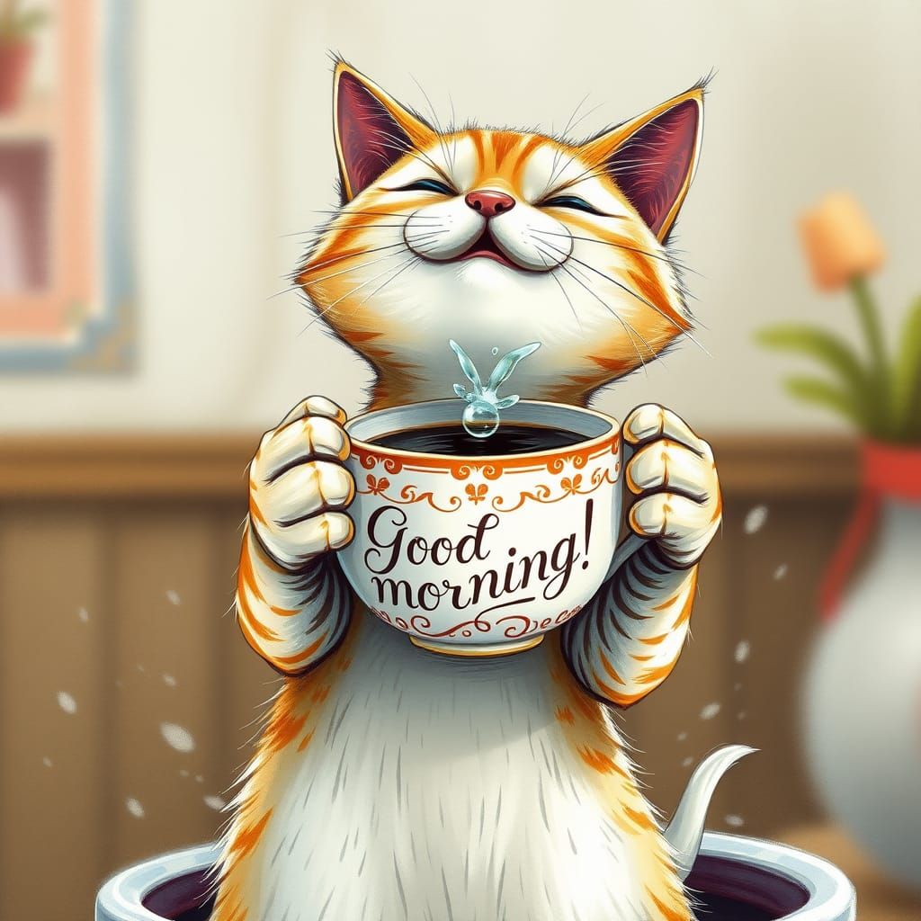 Cat Washes Holding Coffee Cup in Whimsical Style