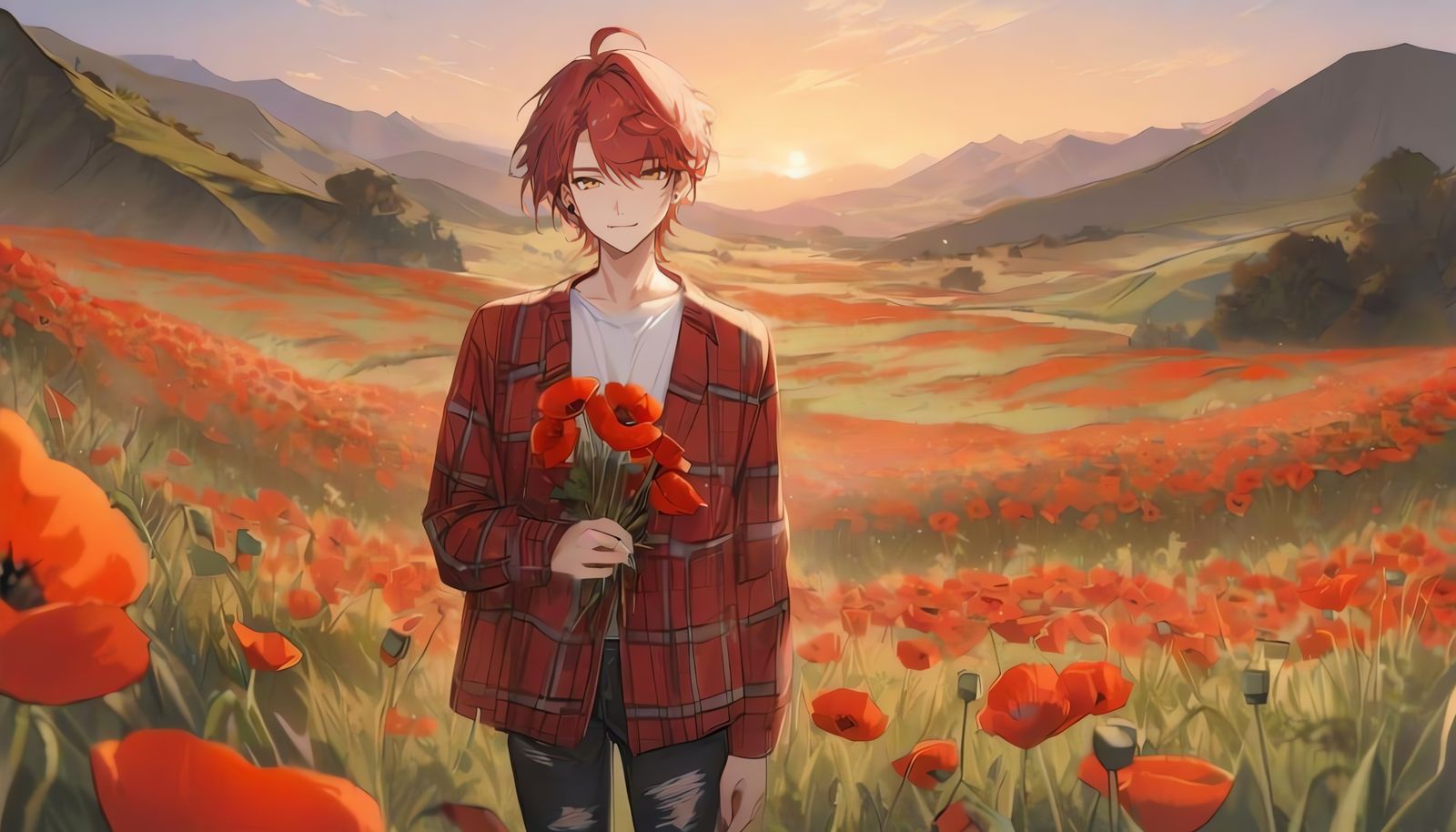 Red Haired Youth in Poppy Field at Twilight