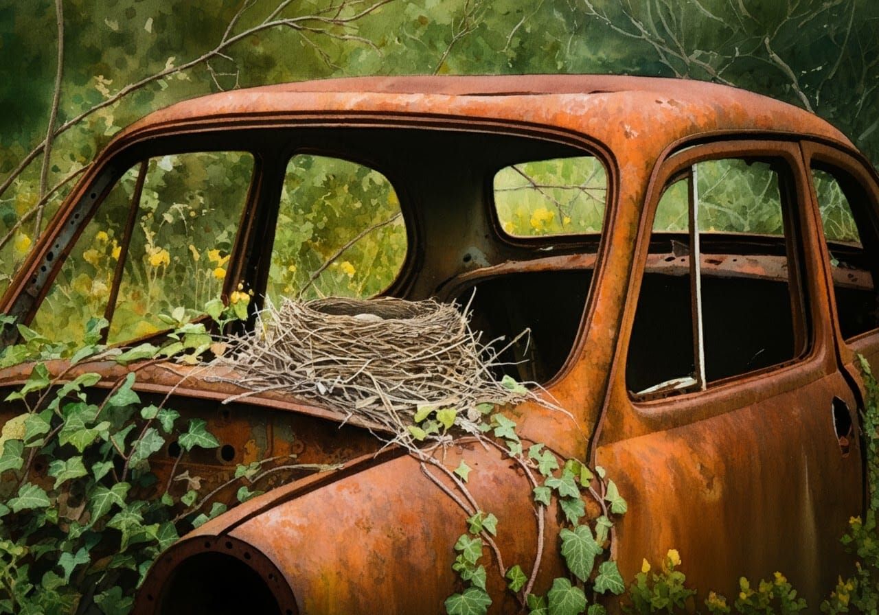 Bird Nest in Abandoned Car, Watercolor Landscape