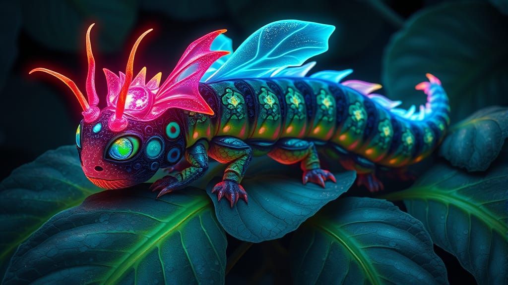 Rainbow Dragon-Headed Caterpillar Crawls in Darkness