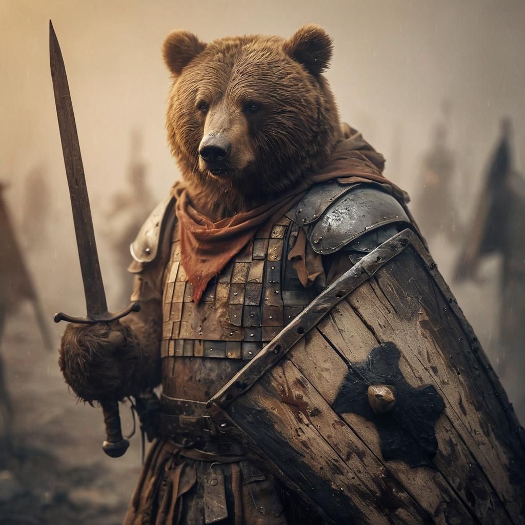 Fierce Bear Warrior Portrait in Apocalyptic Battlefield