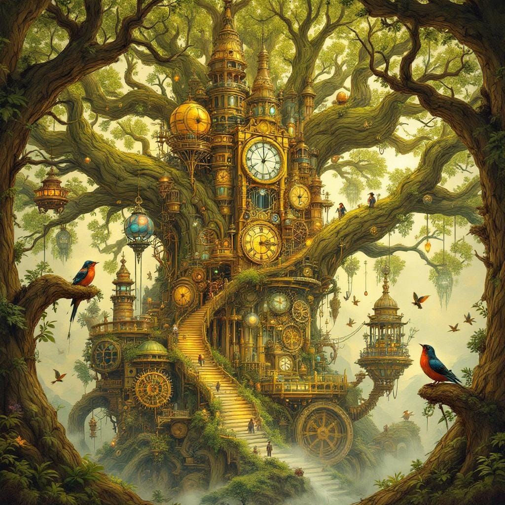 Steampunk City in Ancient Tree with Clockwork Wonders