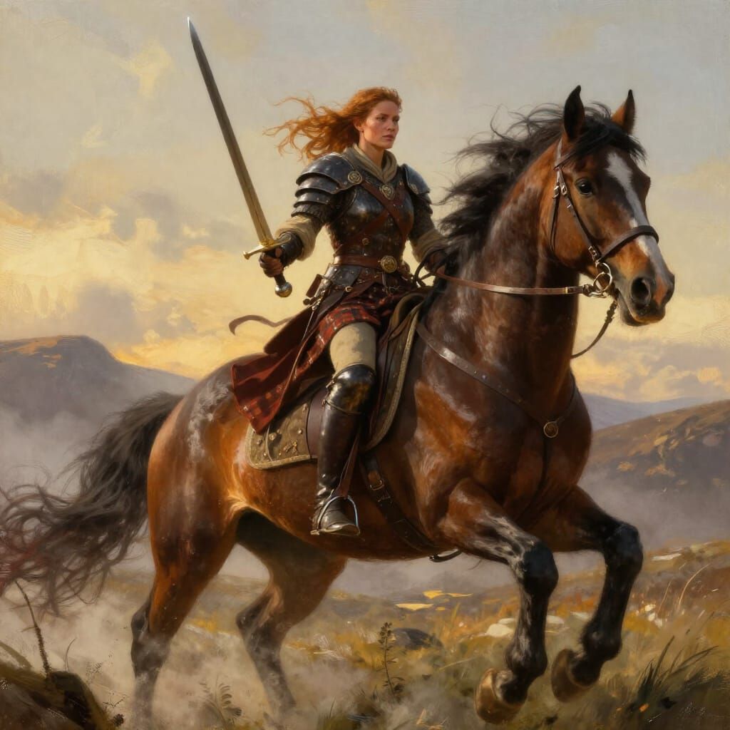 Scottish Warrior on Horseback in Epic Fantasy Art Style