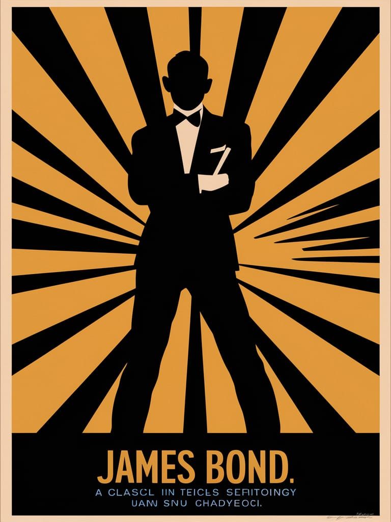 Art by Saul Bass, James Bond, a minimalist poster featuring the silhouette of a suave secret agent from a classic spy fi...