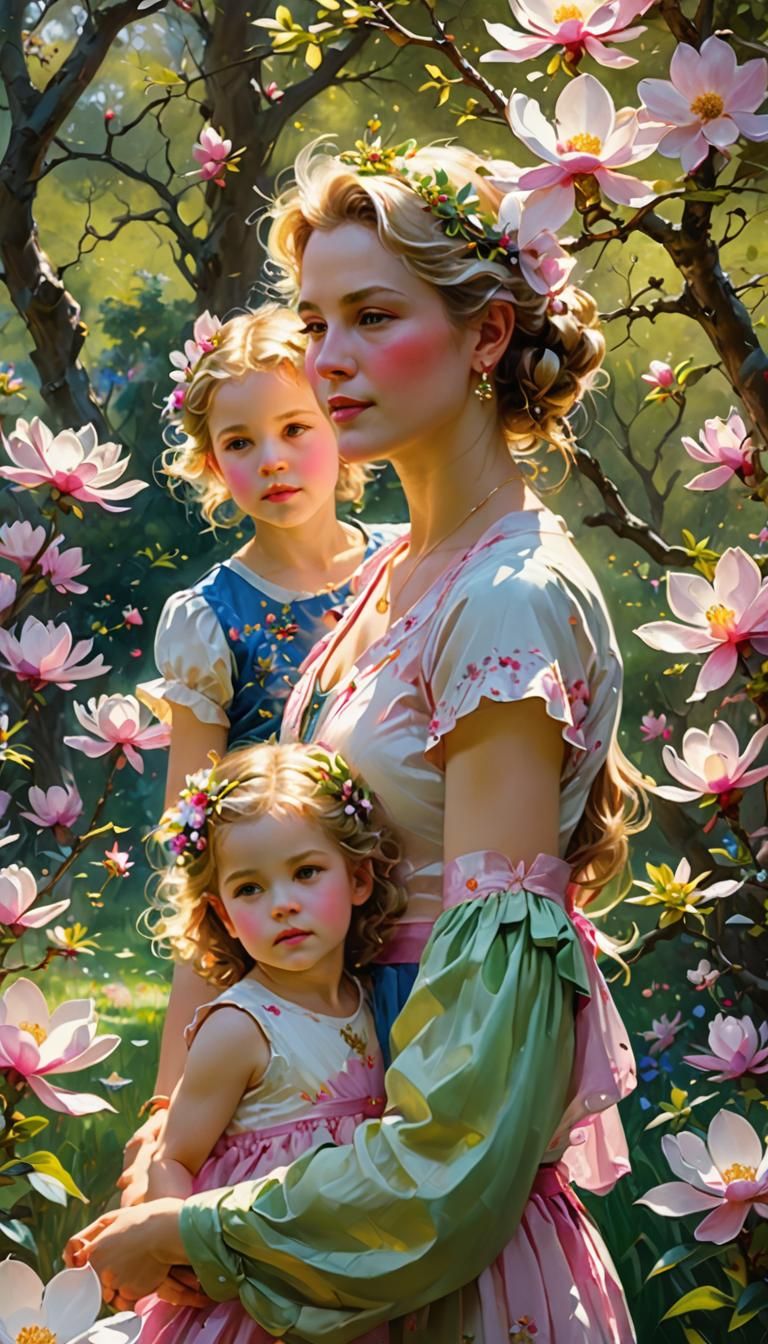 Pino Daeni painting  (magnolia tree, pink floss, rosy-white delicate flower petals, 1.2) OF (mother and daUGHTER, BOTH W...