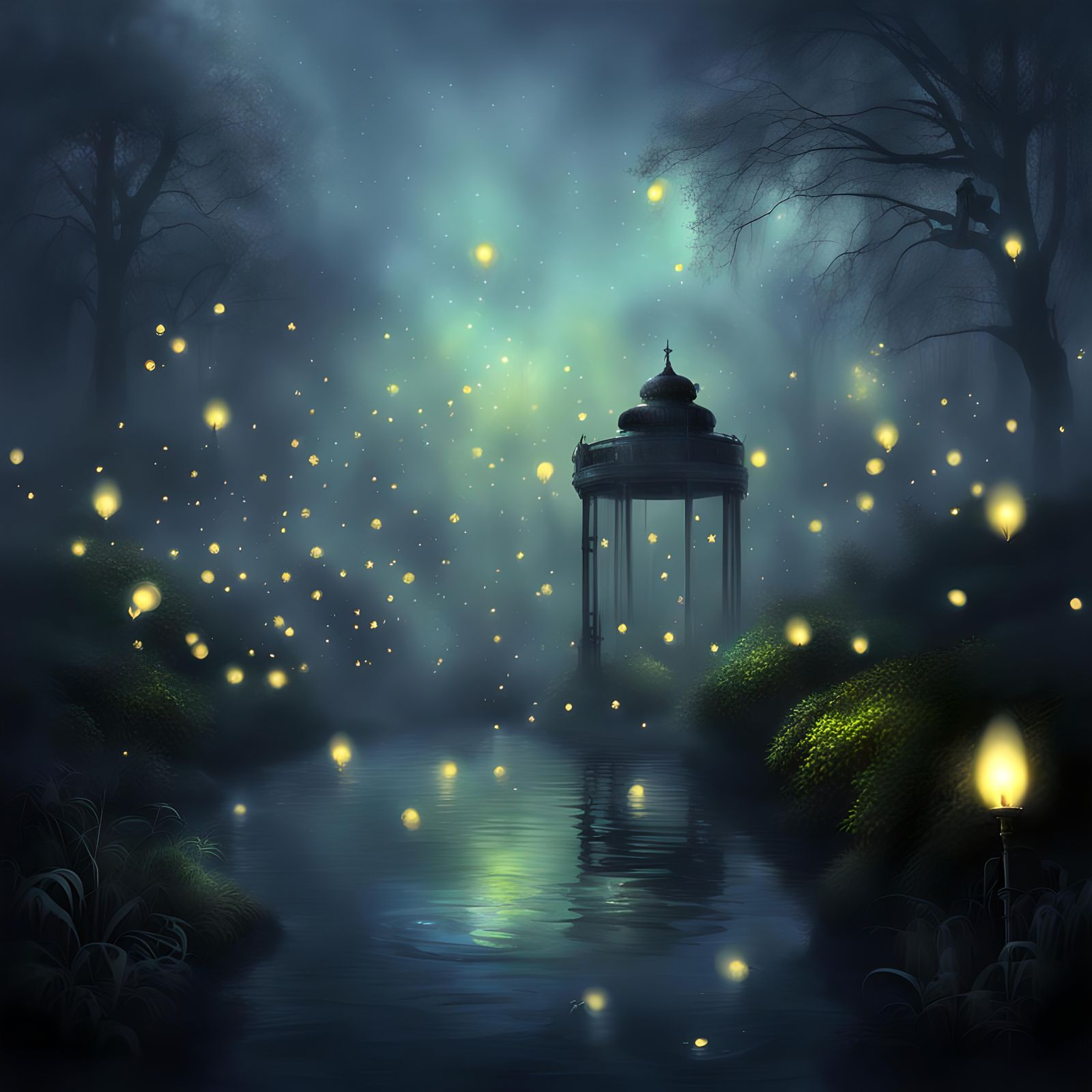 Ethereal Fireflies Illuminate a Foggy Fantasy