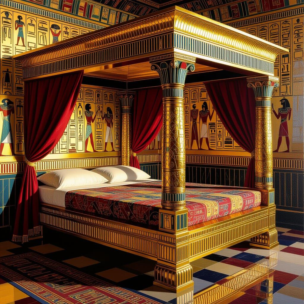 Opulent Pharaonic Gold Bed with Hieroglyphs