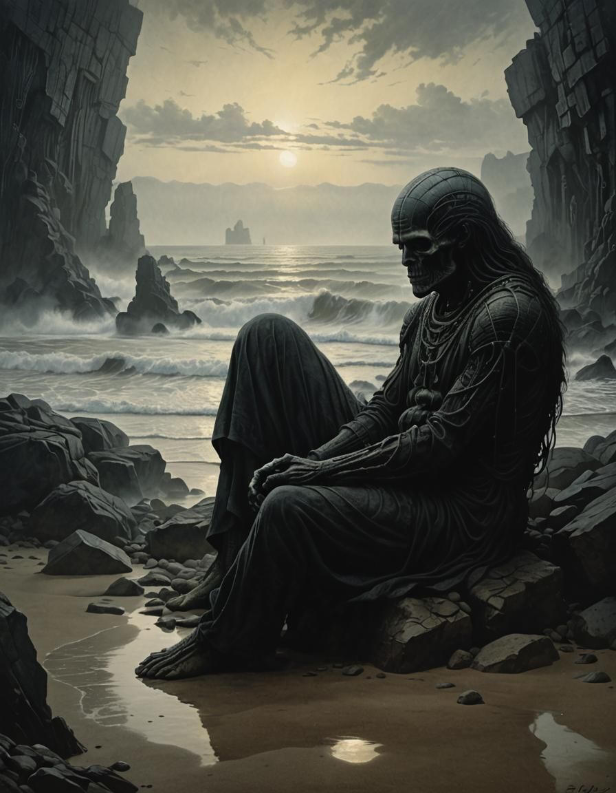 Solitary Figure on Misty Beach: Evocative Digital Art