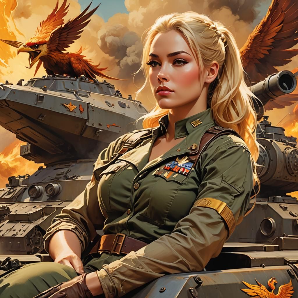 Heroic Woman Lounging on Tank with Phoenix
