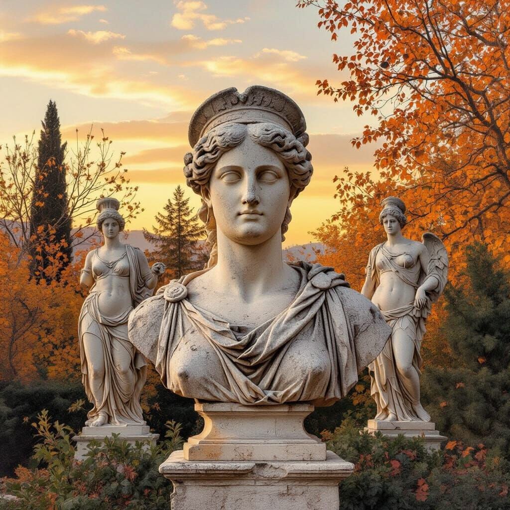 Deteriorated Greek Busts Amidst Soft Autumn Foliage